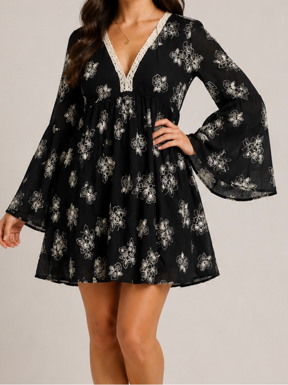 Sequin Hearts Embroidered Boho Mini Dress  Size L Black Cream Bell Sleeve NWT